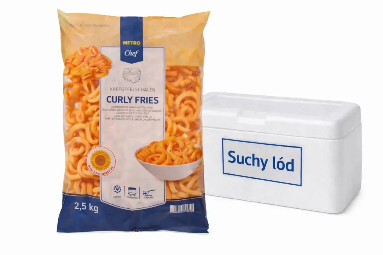 Duża paczka zakręconych frytek Metro Chef i pojemnik z napisem "Suchy lód". Idealne na imprezę, gdzie kupie zakrecone frytki?