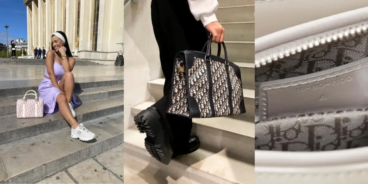 Kobieta w pastelowej sukience i sportowych butach prezentuje różową christian dior torebkę. Obok, inna torebka Dior w granatowe monogramy.