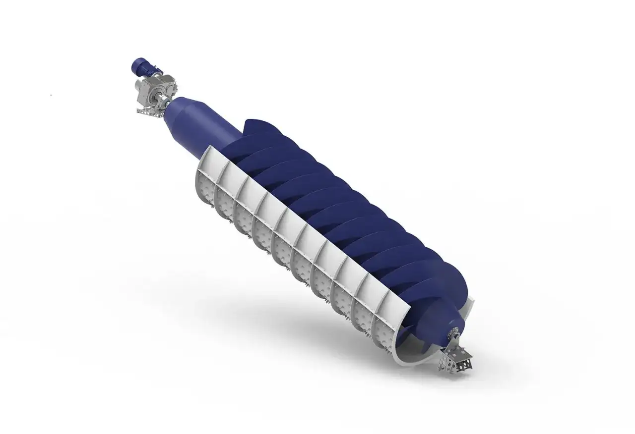 Model turbiny wodnej Archimedesa z niebieskimi łopatkami i białym korytem.