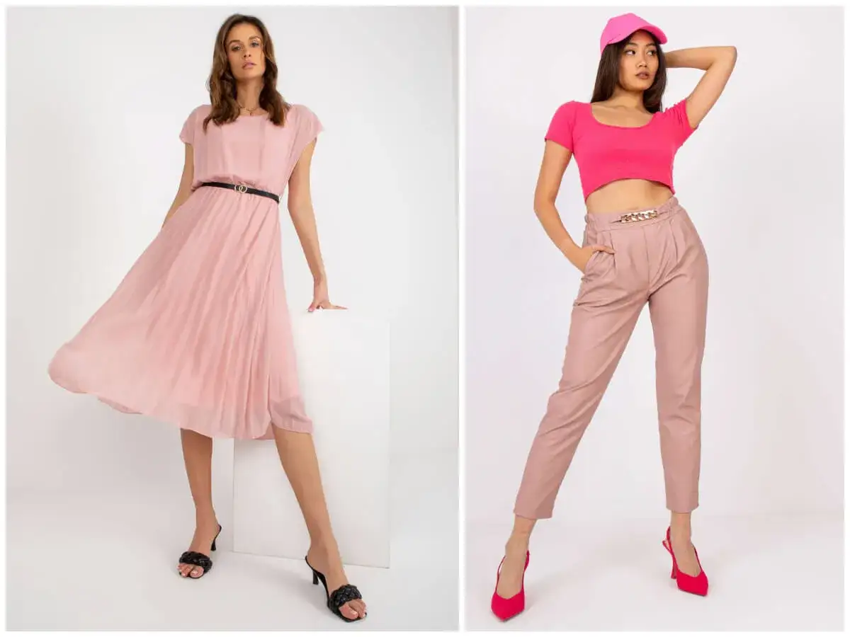 Elegancka sukienka w pudrowy róż i stylowy komplet z beżowymi spodniami i różowym topem.