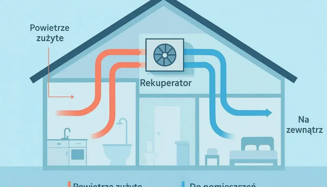 Schemat wentylacji mechanicznej wywiewnej z rekuperatorem. Zużyte powietrze z łazienki i kuchni jest odprowadzane, a świeże z zewnątrz trafia do sypialni.