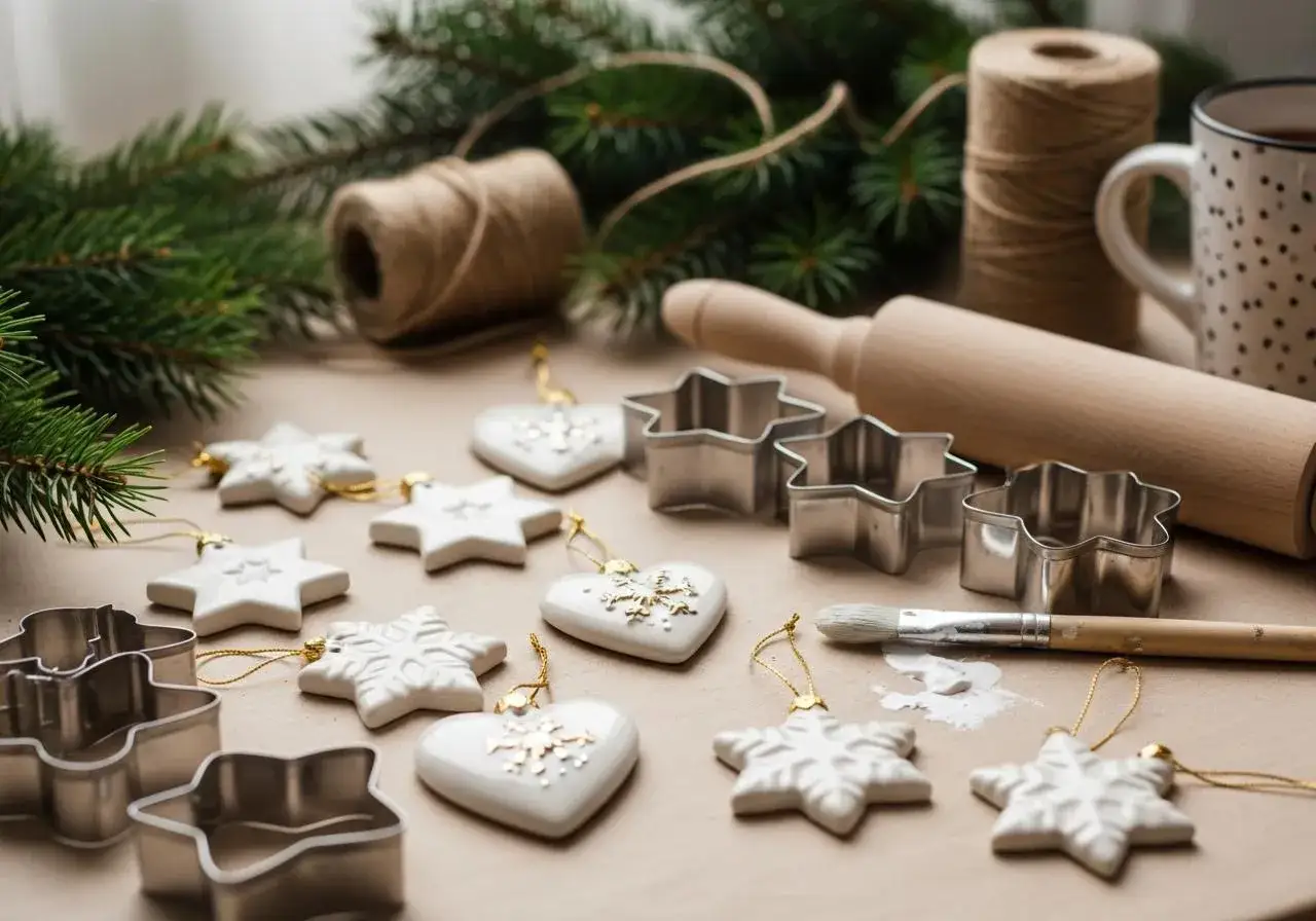 Białe ozdoby choinkowe w kształcie gwiazdek i serc, wykonane z masy porcelanowej, czekają na świąteczne dekorowanie. Obok wałek, foremki i pędzelek.