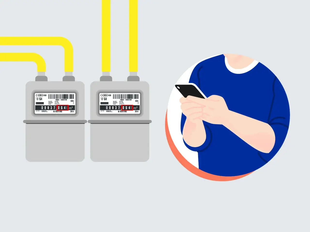 Dwa liczniki gazu i dłoń trzymająca smartfon. Dowiedz się, jak podać odczyt gazu po wymianie licznika.