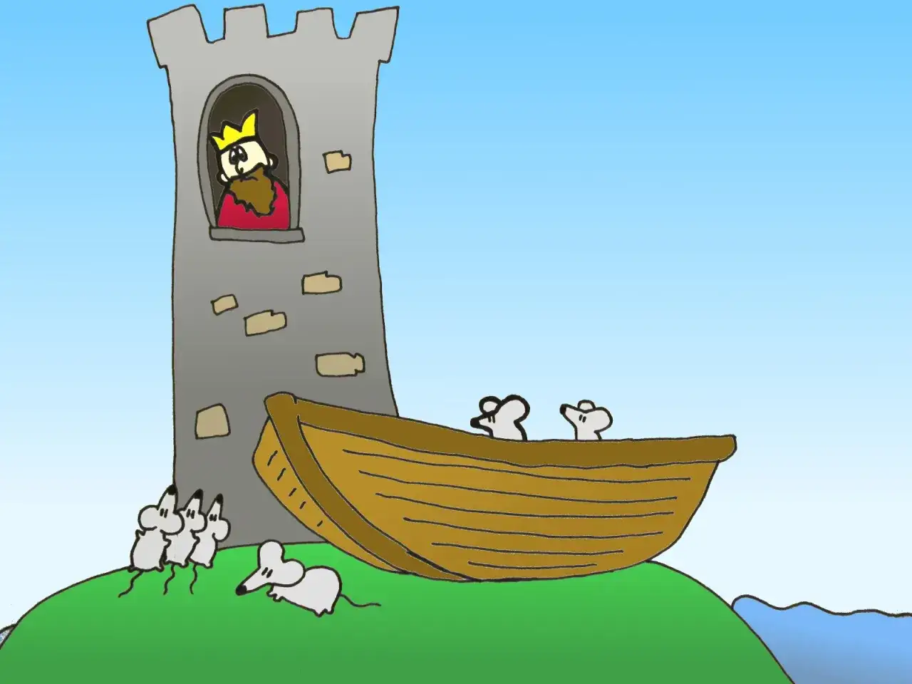Król w wieży patrzy na myszy, które próbują uciec łodzią. Ilustracja do legendy o mysiej wieży.