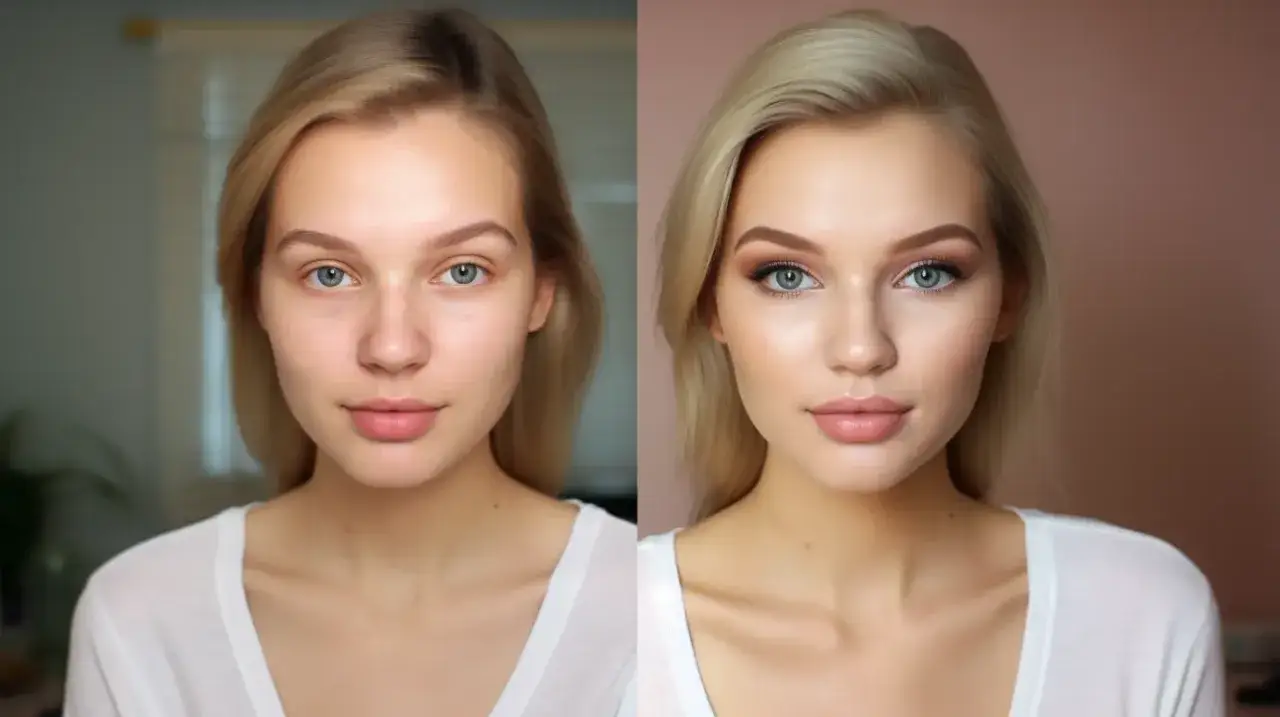 Porównanie twarzy przed i po naturalnym makijażu.
