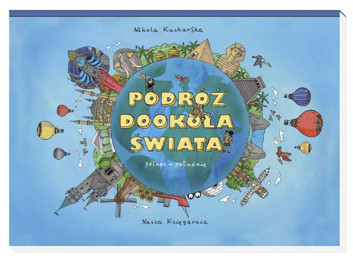 Ilustracja przedstawia planetę Ziemię otoczoną symbolami z różnych zakątków świata, sugerując podróżowanie po świecie.