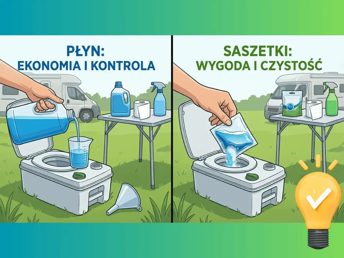 Dwa sposoby na płyn do toalety turystycznej: nalewanie z butelki lub dodanie saszetki. Oba zapewniają czystość i kontrolę.