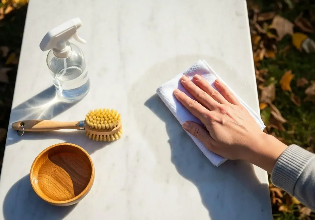 Ręka wyciera białą powierzchnię ściereczką. Obok leży drewniana miseczka, szczotka i butelka ze sprayem. To może być pomocne, gdy zastanawiasz się, jak usunąć marmolit ze ściany.