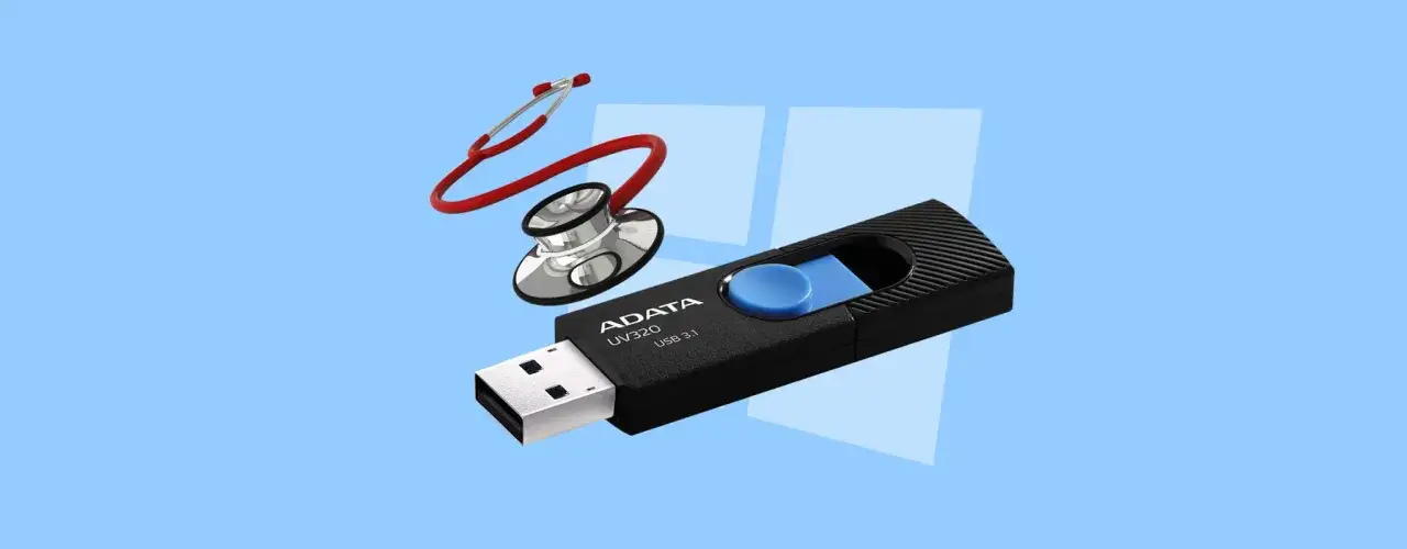 Pendrive z danymi medycznymi, gotowy do drukowania zdjęć. Słuchawki lekarskie symbolizują troskę o dane.