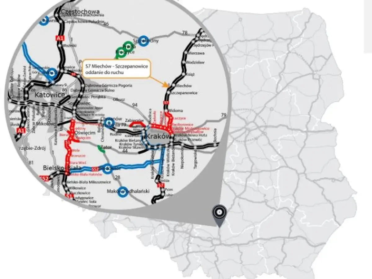 Mapa Polski z zaznaczonym obszarem wokół Krakowa. Widoczna trasa S7 Miechów-Szczepanowice, łącząca miasto na trasie Kraków Miechów.