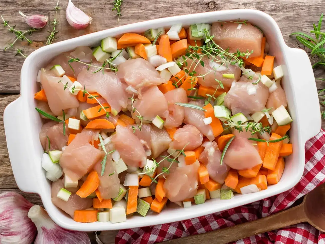 Piersi z kurczaka pokrojone z marchewką i cukinią, gotowe do pieczenia. Idealny pomysł, co można zrobić z piersią z kurczaka na obiad.