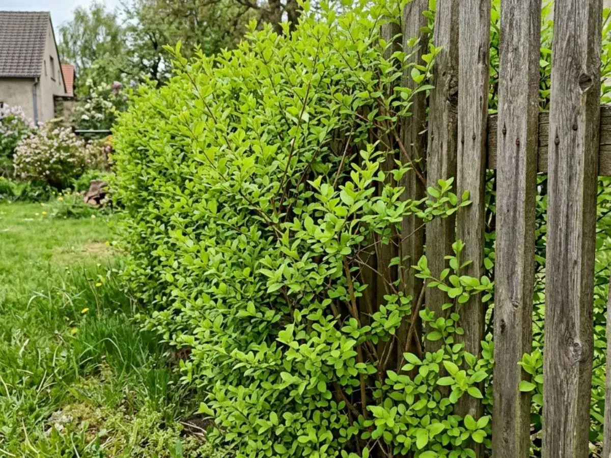 Młody ligustr rośnie przy drewnianym płocie, idealny do stworzenia żywopłotu. Wskazówki jak sadzić ligustr na żywopłot.