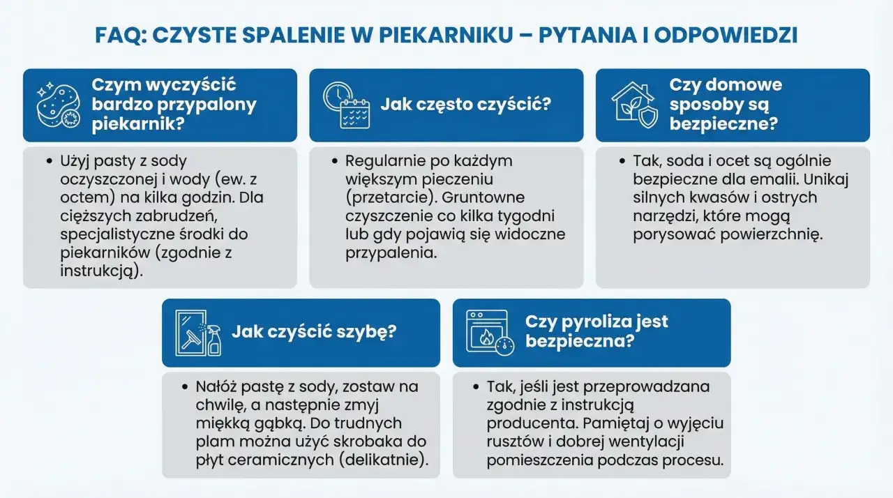 Grafika przedstawia pytania i odpowiedzi dotyczące czyszczenia piekarnika, z ikonami i tekstem.