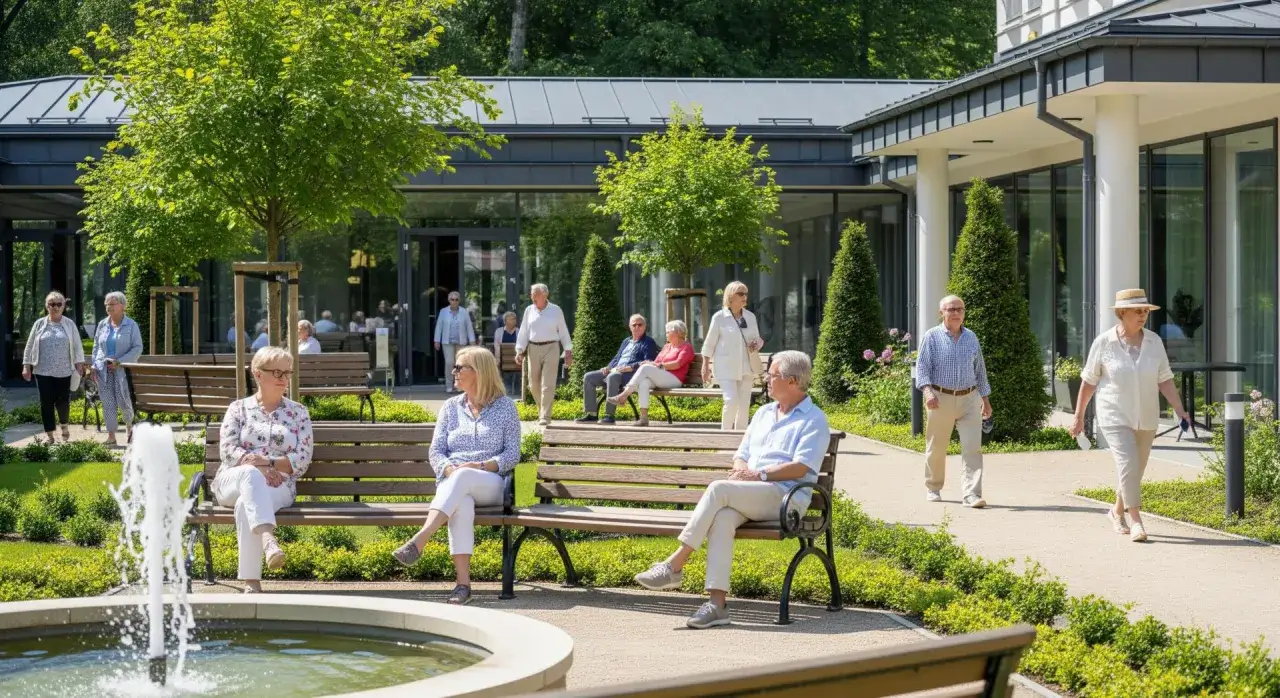 Seniorzy odpoczywają w pięknym ogrodzie przy sanatorium. Zastanawiasz się, ile kosztuje pobyt w sanatorium?