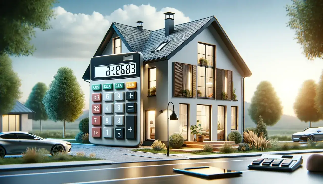 Dom z gigantycznym kalkulatorem obok, symbolizującym koszty.