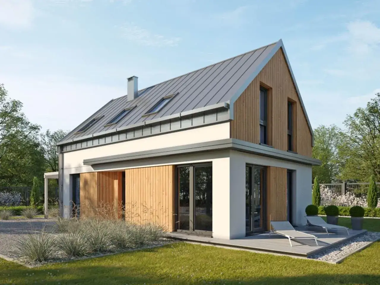 Nowoczesny, tani w budowie dom z drewnianymi elementami i dużymi oknami. Idealny dla szukających funkcjonalności i estetyki.