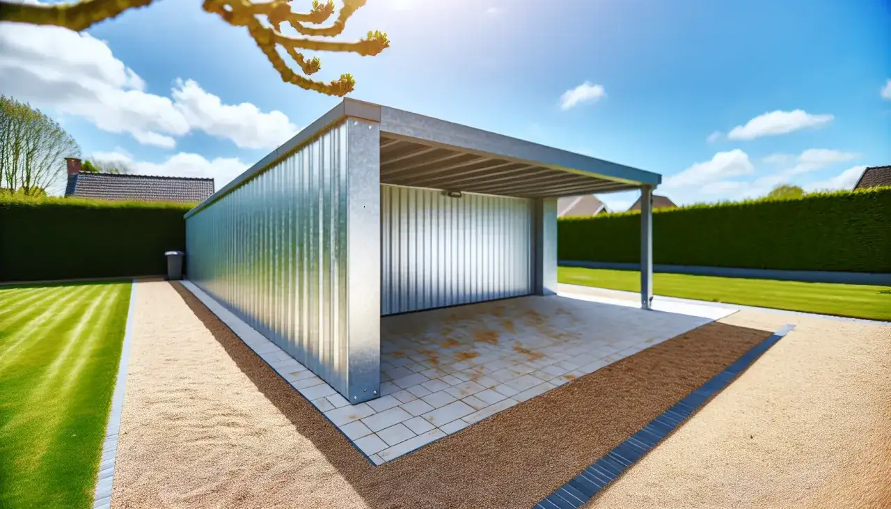 Nowoczesny, blaszany garaż o powierzchni 100m2, otoczony zadbanym ogrodem i żywopłotem. Idealny projekt na działkę.