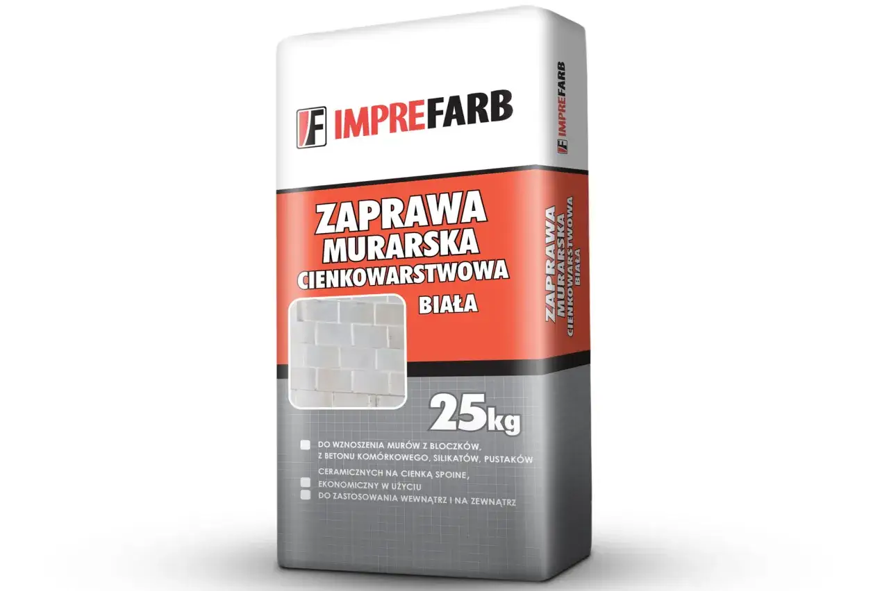 Worek zaprawy murarskiej cienkowarstwowej białej Imprefarb 25kg z wizualizacją murowania.