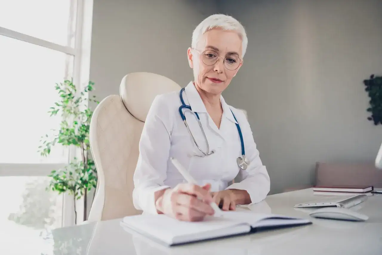 Lekarka w białym kitlu z niebieskim stetoskopem pisze w notatniku. Pytanie o wypalenie zawodowe L4 kto wystawia, może być skierowane do niej.