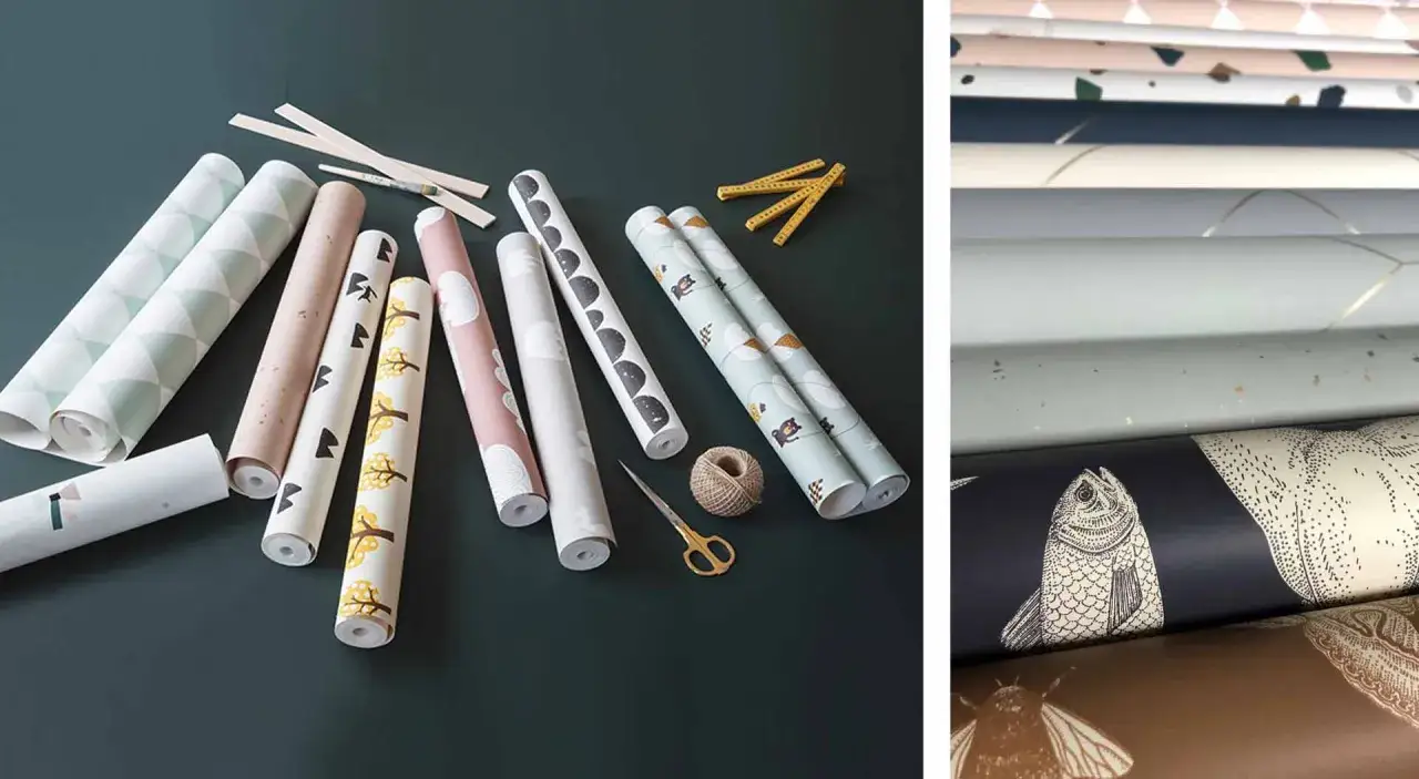 Rolki tapet winylowych z różnymi wzorami, nożyczki i sznurek. Idealne do nauki, jak kłaść tapetę winylową.