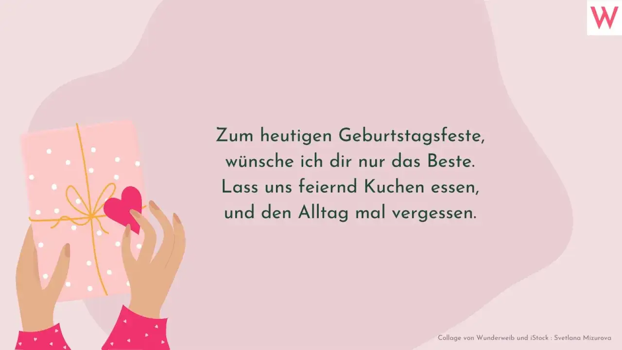 Hände halten Geschenk mit Herz, Geburtstagsspruch.