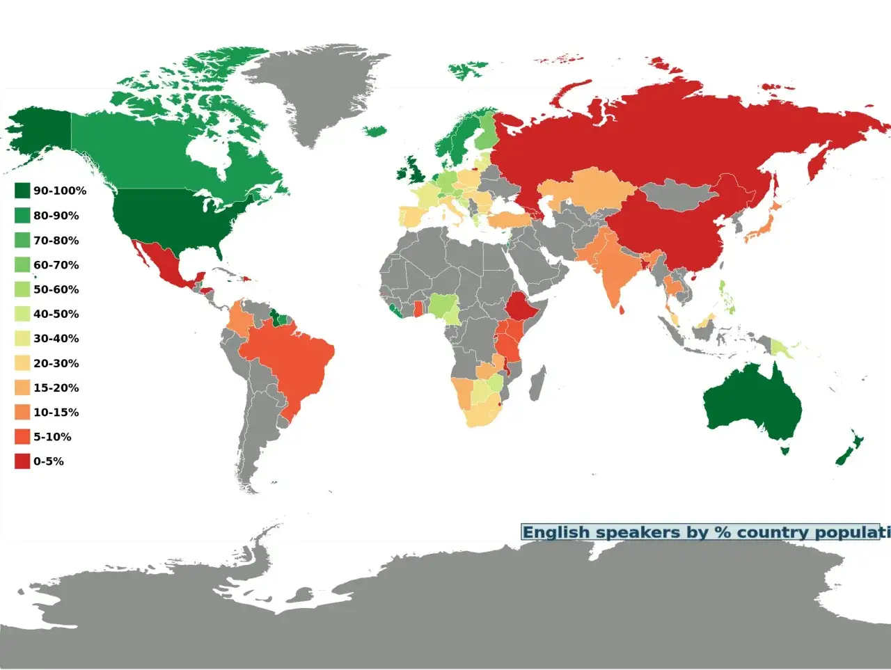 Mapa świata pokazująca odsetek osób mówiących po angielsku w każdym kraju. Zielony oznacza wysoki odsetek, czerwony niski.
