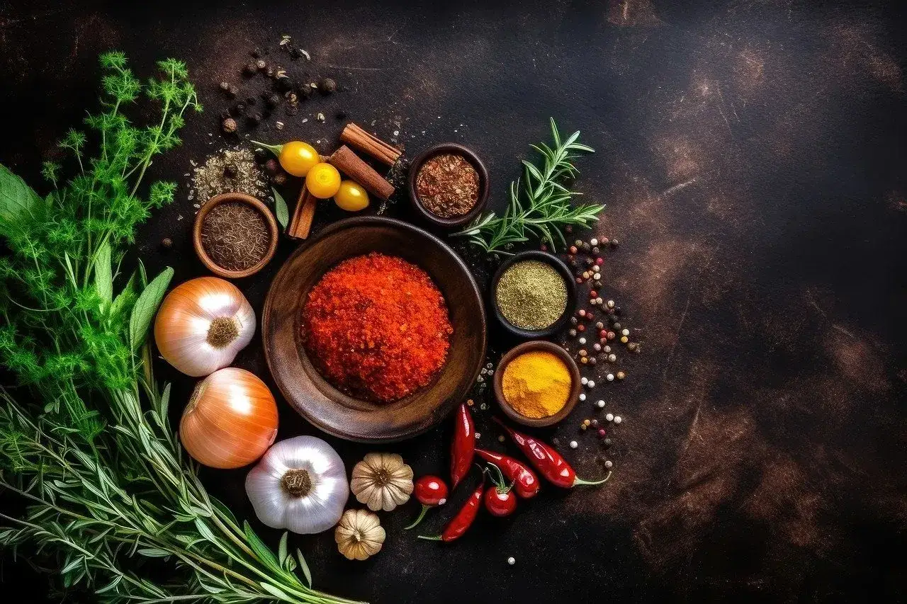 Zioła, cebule, czosnek, papryczki chili, przyprawy w miseczkach i ziarna pieprzu. Idealne składniki, gdy szukasz co zamiast bazylii.