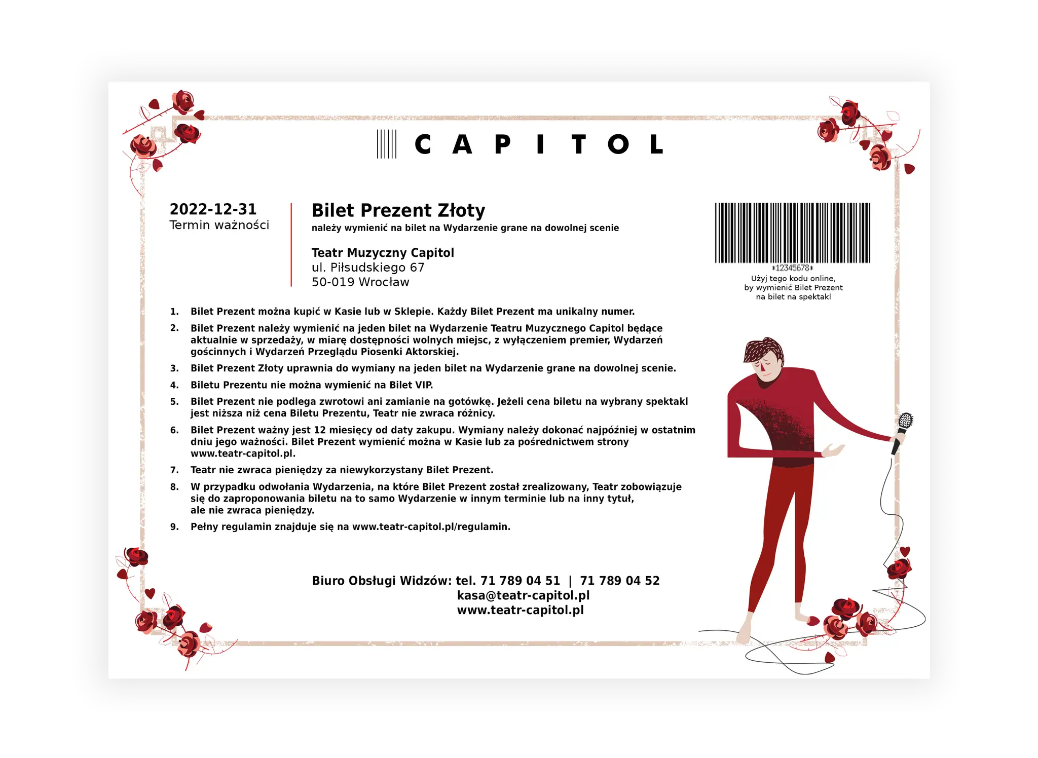 Złoty Bilet Prezent Teatru Muzycznego Capitol. Ważny do 31-12-2022. Wymień na bilet na dowolne wydarzenie.