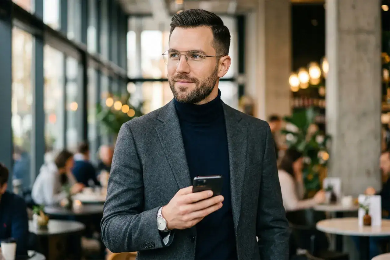 Elegancki mężczyzna z telefonem, zastanawia się nad typami osobowości tinder.