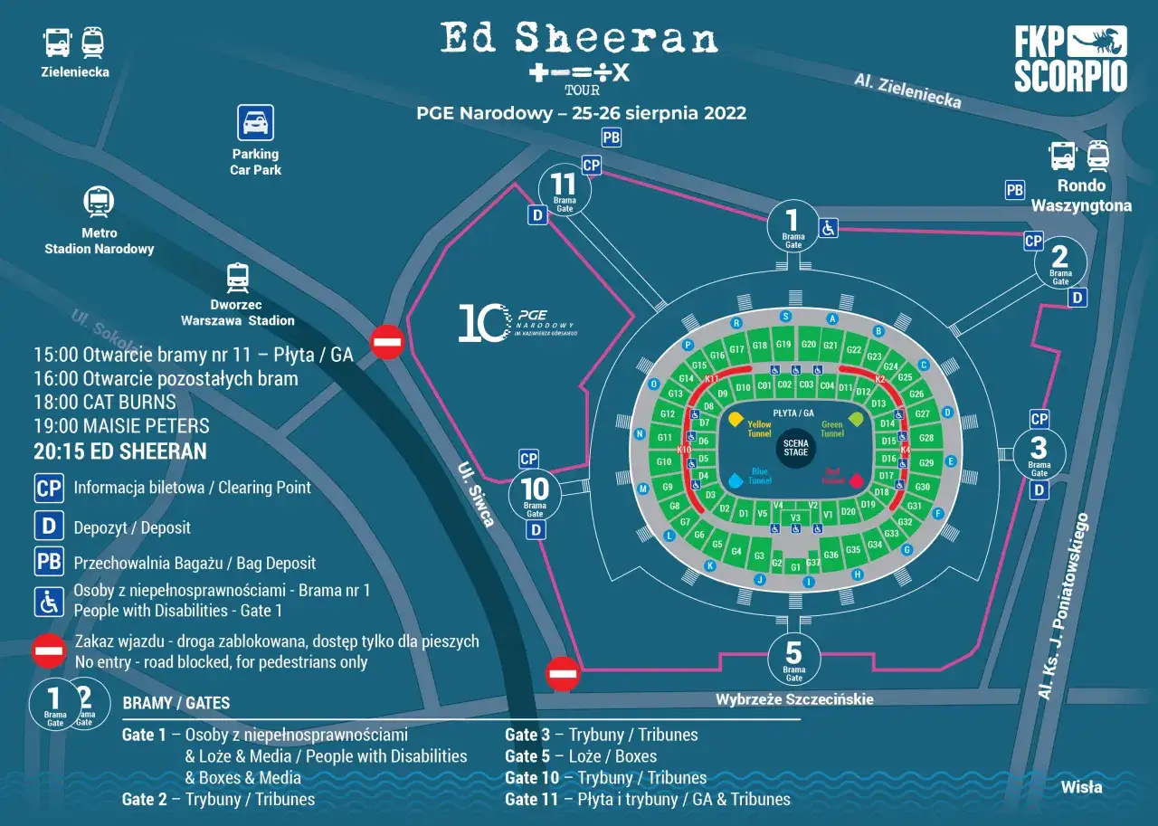 Mapa PGE Narodowy: koncert Ed Sheeran Warszawa, ile biletów? Sprawdź bramy, parking i godziny otwarcia.