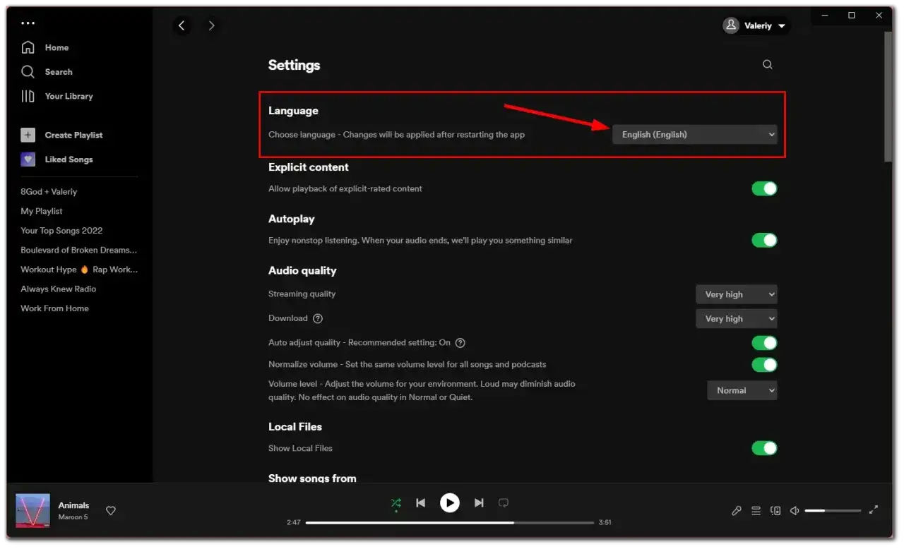Ustawienia Spotify: sekcja Język z rozwijaną listą wyboru języka na "English (English)".