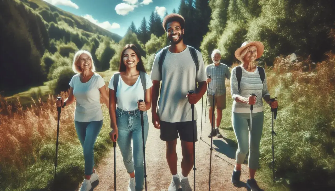 Grupa przyjaciół cieszy się aktywnością na świeżym powietrzu, spalając kalorie podczas nordic walking po malowniczej ścieżce.