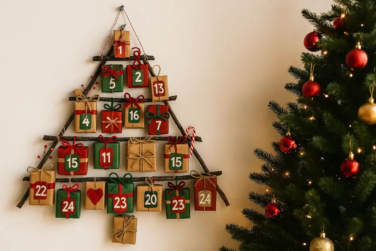 Jak zrobić kalendarz adwentowy z kartonu: choinka z gałęzi z 24 paczuszkami, obok zielona choinka z bombkami.
