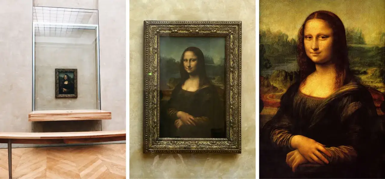 Mona Lisa w Luwrze, jeden z wielu eksponatów. Obraz Leonarda da Vinci w złotej ramie.