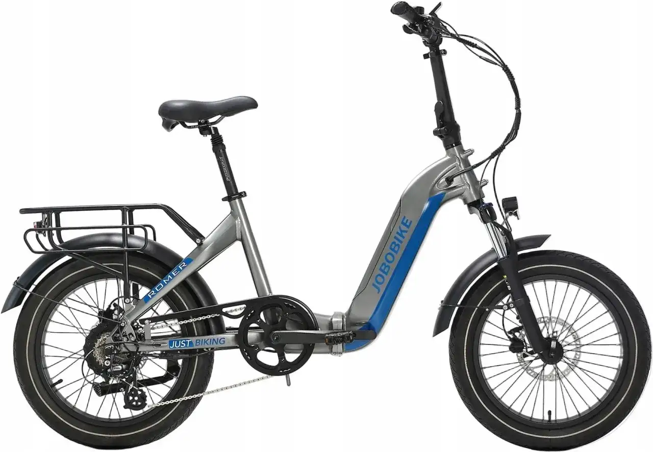 Srebrno-niebieski rower elektryczny Jobobike, model Romer. Idealny do miasta i na wycieczki.
