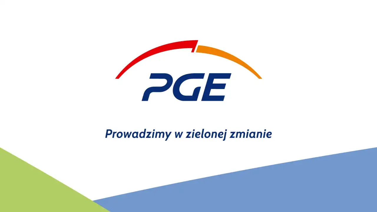 Logo PGE z hasłem "Prowadzimy w zielonej zmianie" na białym tle z zielono-niebieskim pasem.