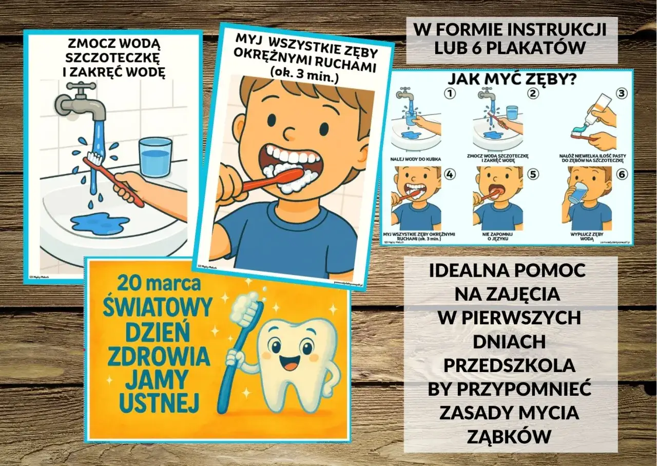Instrukcja mycia zębów dla dzieci: zmocz szczoteczkę, nałóż pastę, myj okrężnymi ruchami, nie zapomnij o języku i wypłucz wodą.