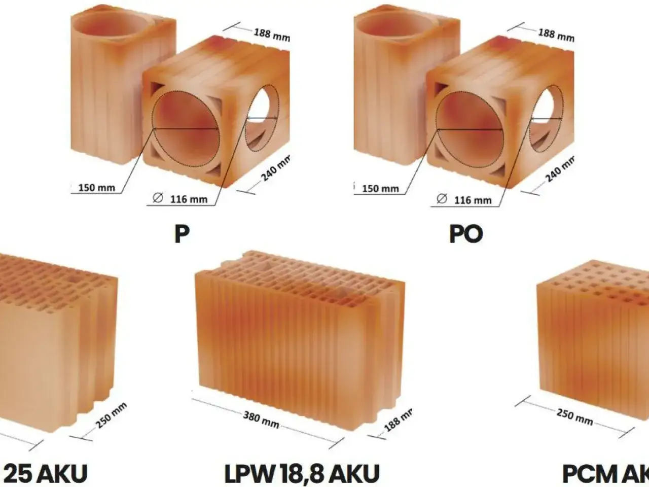 Elementy ceramiczne: pustak wentylacyjny z kanałem płaskim (P, PO) oraz pustaki budowlane (25 AKU, LPW 18,8 AKU, PCM AK) z wymiarami.