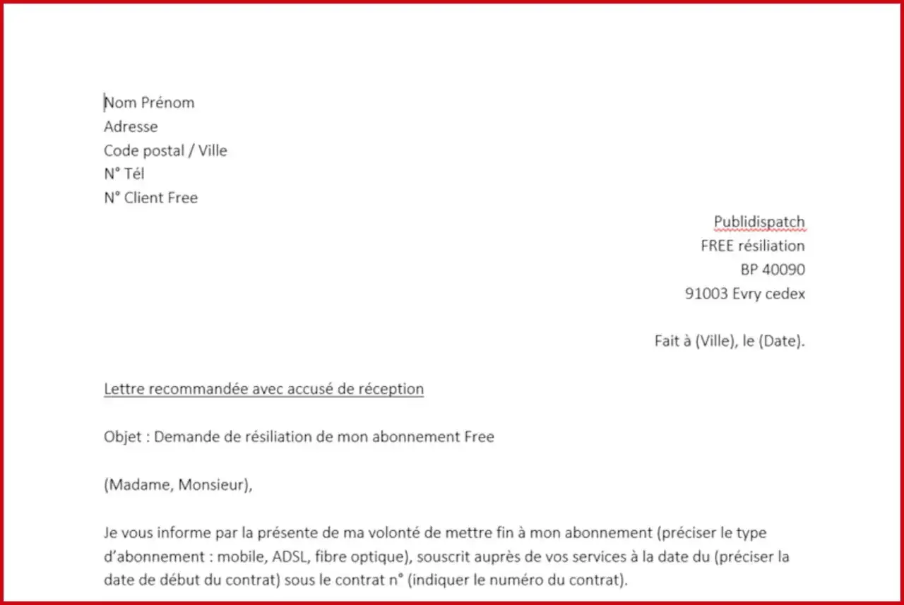 Lettre de résiliation Free Mobile avec accusé de réception.