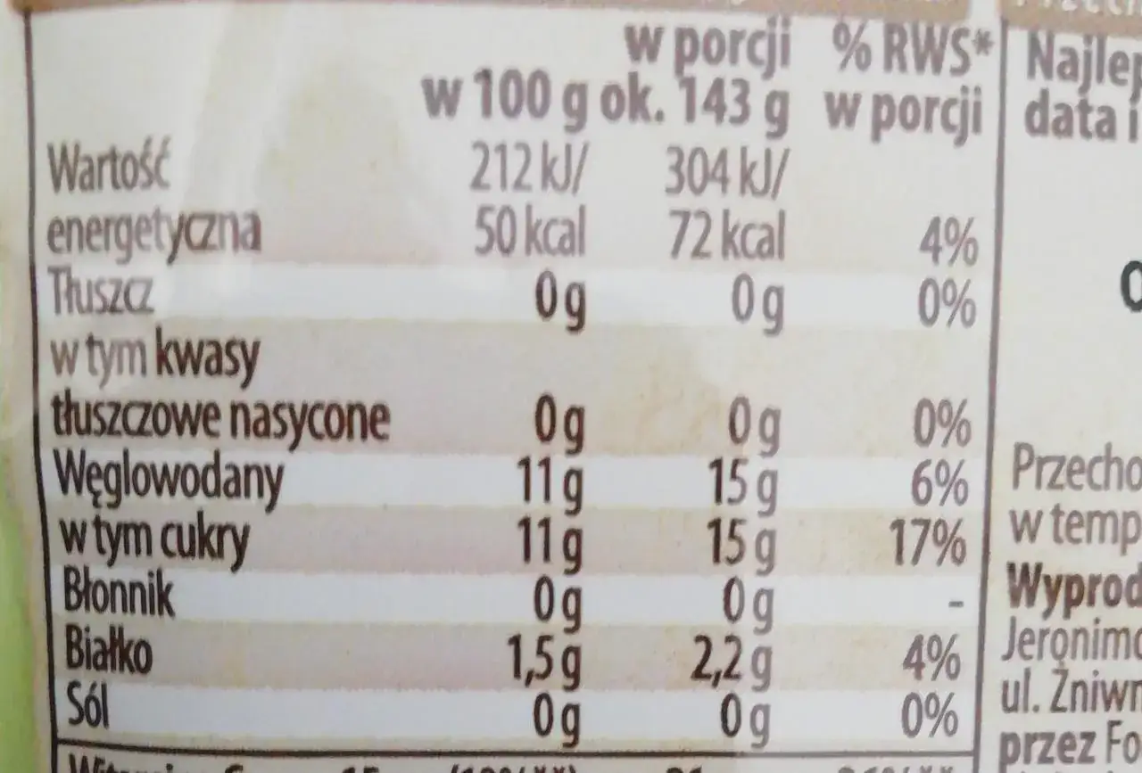 Tabela wartości odżywczych z informacją o kaloriach, tłuszczach, węglowodanach i białku.