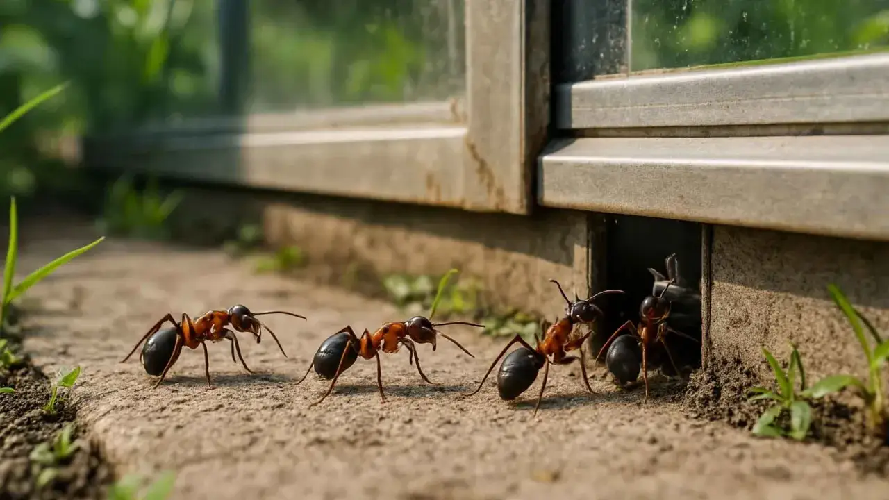 Mrówki w ogrodzie szukają schronienia. Zbliżenie na kilka mrówek przy wejściu do nory pod oknem.