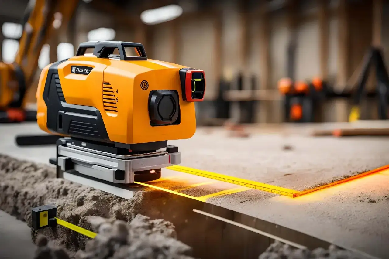 Pomarańczowa poziomica laserowa emituje żółty promień na placu budowy.