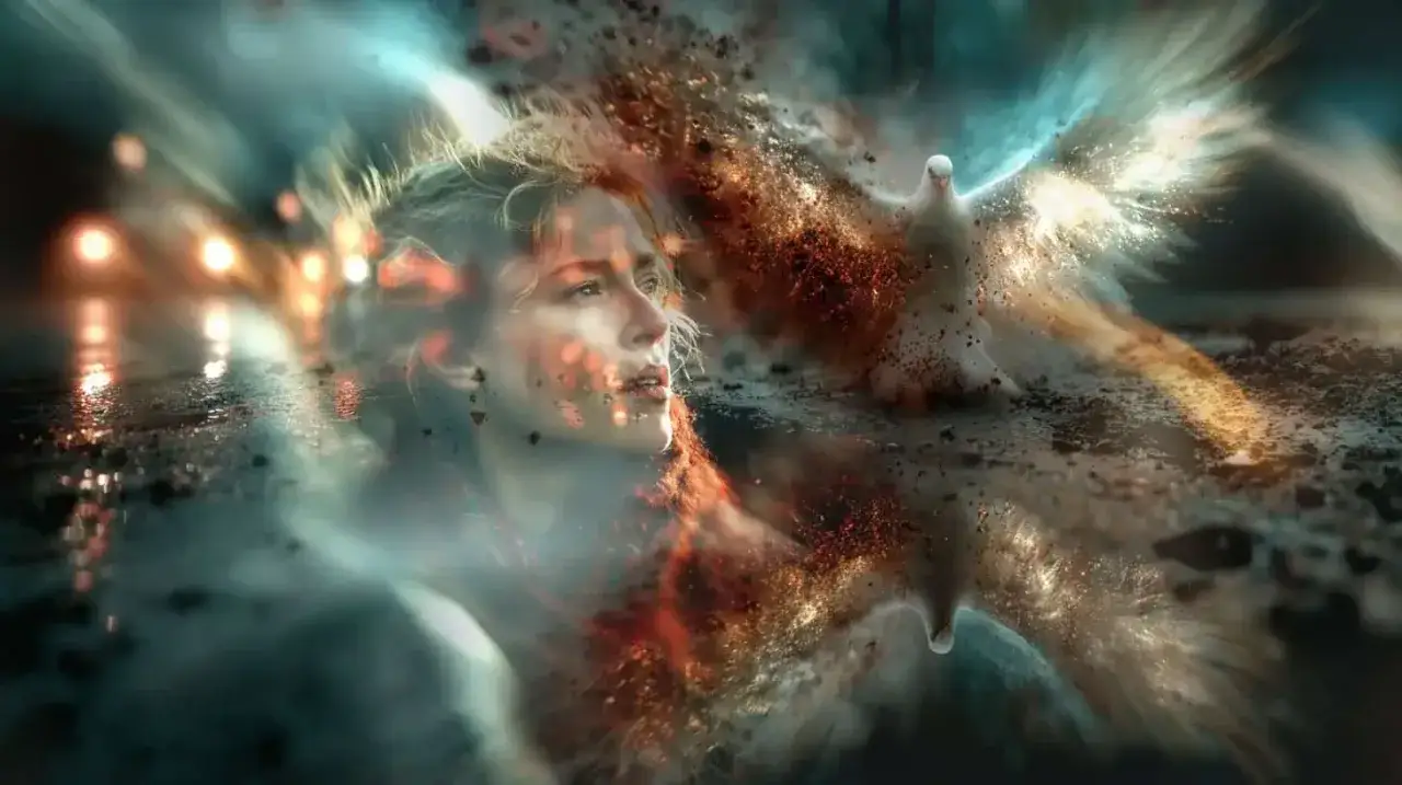 Kobieta wpatrzona w niebo, gdzie biały gołąb symbolizuje modlitwę do Ducha Świętego, rozpadając się w świetlisty pył.