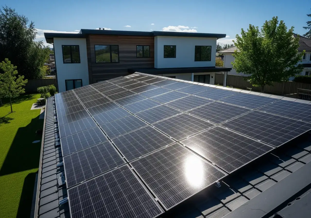 Panele fotowoltaiczne na dachu nowoczesnego domu w słoneczny dzień.