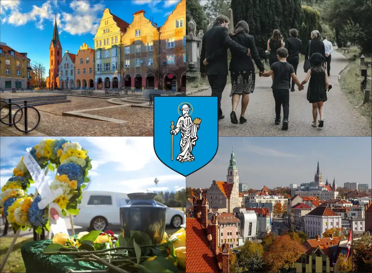 Kremacja w Olsztynie: kolaż zdjęć z widokiem miasta, pogrzebu, wieńca i herbu.
