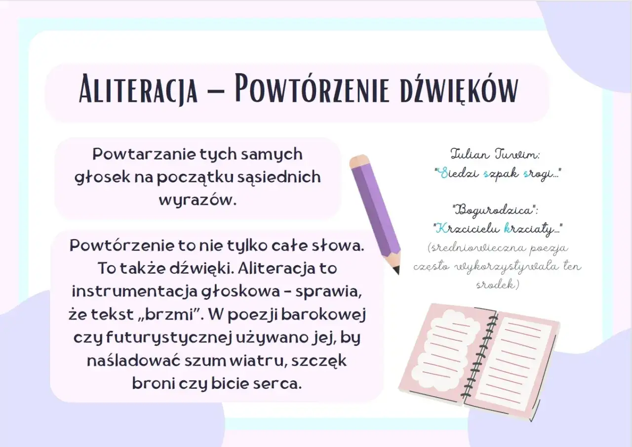 Aliteracja co to? Powtarzanie głosek na początku wyrazów. Wiersze jak "Siedzi szpak srogi" czy "Krzcicielu krzciaty" to przykłady.