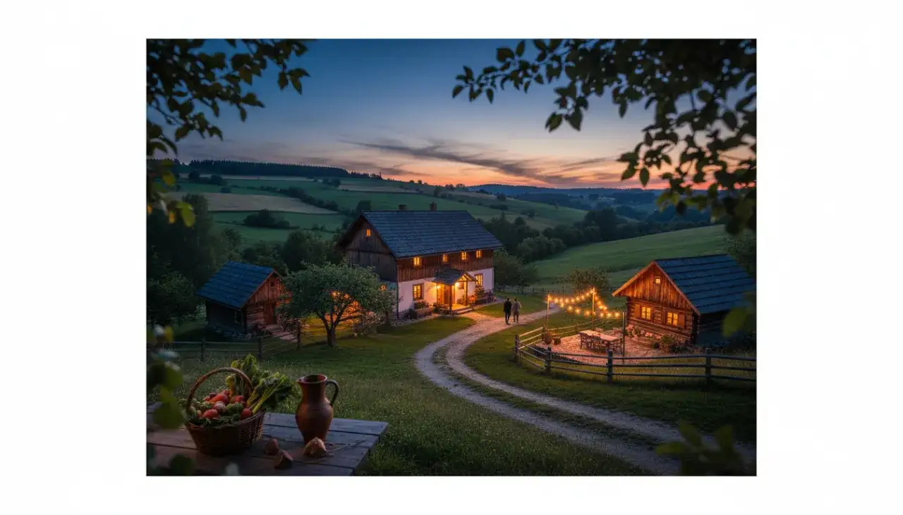 Wieczorna agroturystyka: domy, ogród, kosz z warzywami i zachód słońca.