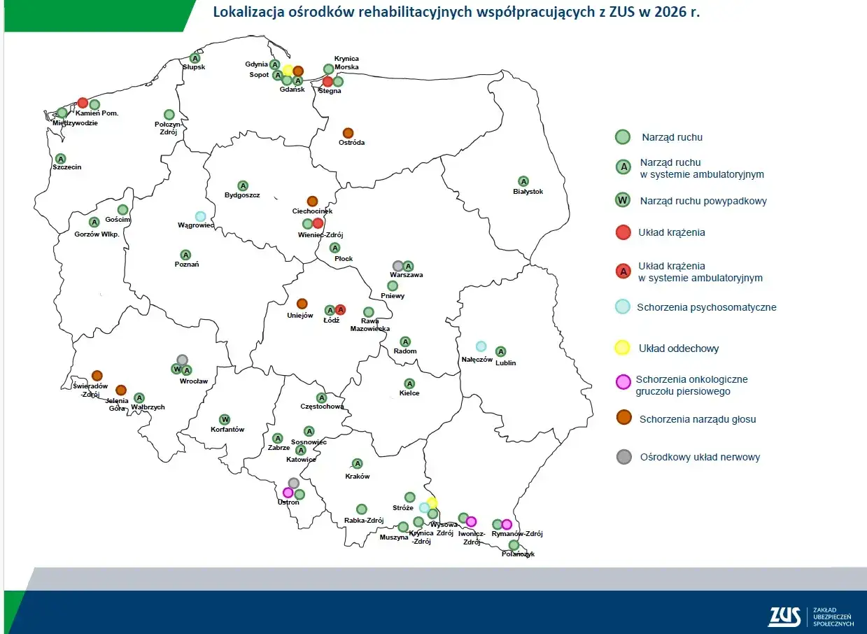 Mapa ZUS z 2026 r. pokazuje ośrodki rehabilitacyjne. Brązowe kółka oznaczają miejsca, gdzie ZUS wysyła do sanatorium na narząd głosu, np. w Świeradowie-Zdroju.