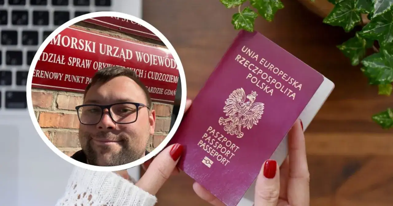 Mężczyzna w okularach obok polskiego paszportu i tablicy urzędu.