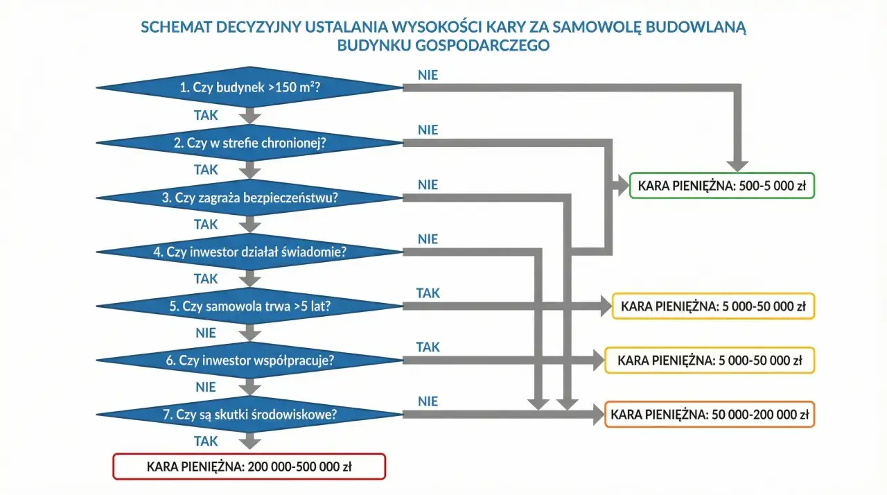 Schemat ustalania kary za samowolę budowlaną. Kara pieniężna zależy od wielkości budynku, strefy, zagrożenia, świadomości inwestora i współpracy.